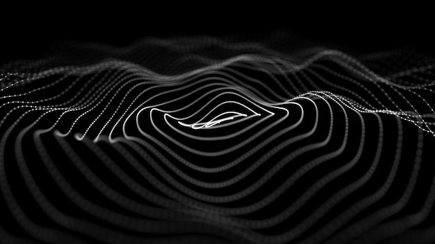 Photo wave of particles abstract dark background with a dynamic wave big data 3d rendering