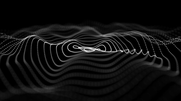 Photo wave of particles abstract dark background with a dynamic wave big data 3d rendering