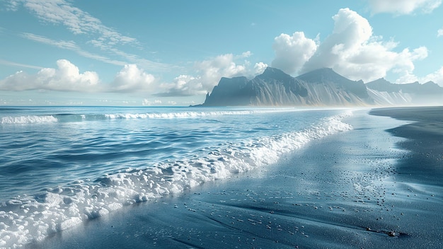 a wave rolls onto a beach with mountains in the background