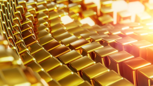 Wave structure of gold cubes with glare and radiance 3D rendering illustration