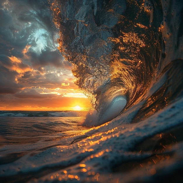 a wave that has the sun setting behind it