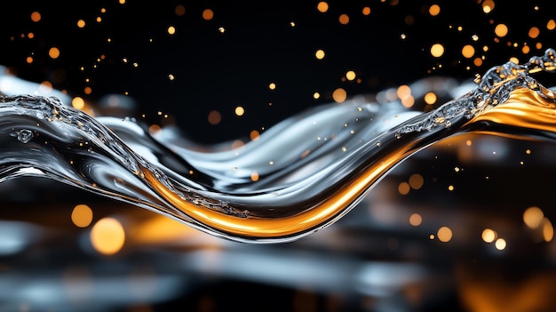 A wave of water with golden highlights and bokeh lights in the background