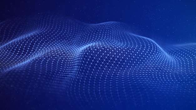 A wave with connecting dots and lines Futuristic relief on a blue background Visualization of big data 3d rendering