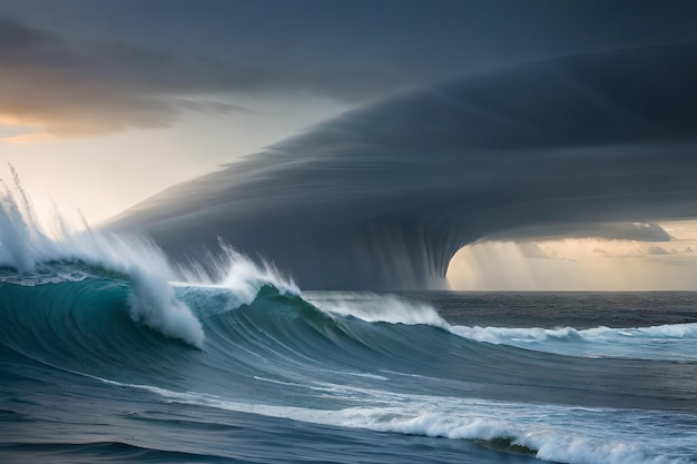 A wave with a wave and a cloudy sky