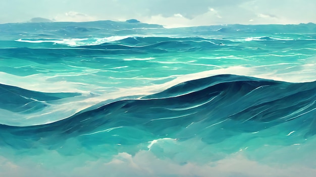 Waves in the blue ocean realistic painting landscape background