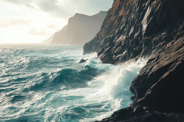 Photo waves crash against rugged cliffs at sunset along the stunning coastline in a tranquil setting