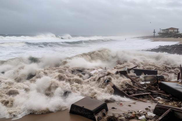 Waves crashing against beach bringing with them debris and pollution