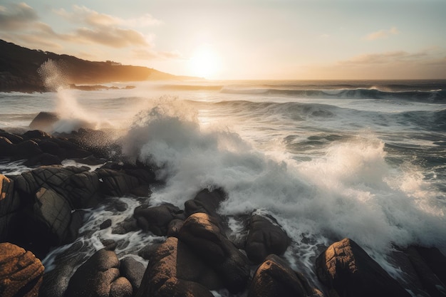 Waves crashing against rocky coastline with sunlit sky in the background created with generative ai