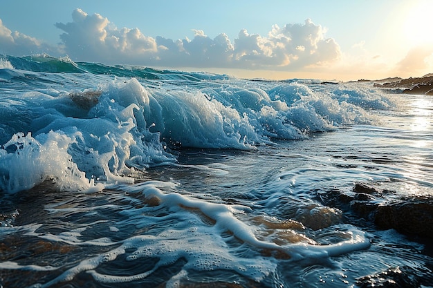 waves crashing on a beach with a sunset sky in the background