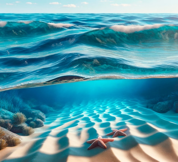 Waves cresting above a tranquil underwater seascape with starfish on sandy bottom Ocean serenity concept Generative AI