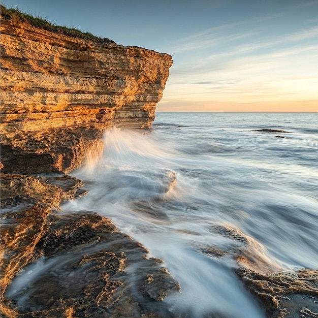 Waves gently lapping against the base of a coastal cliff