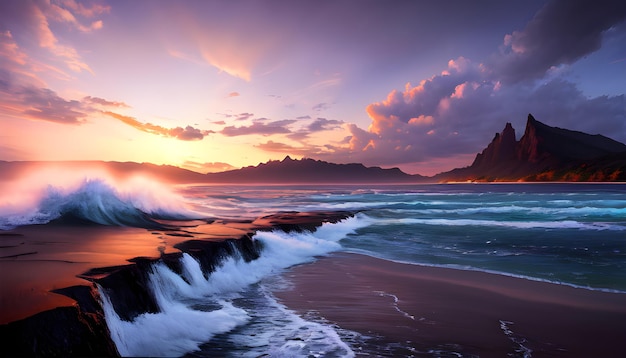 Waves ocean sunset by the shore nice scenery coastal digital wallpapers generative ai for digital printing canvas art painting wall art article blog post