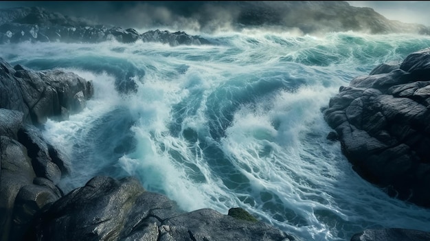 Waves of water of the river and the sea meet each other during high tide and low tide Whirlpools