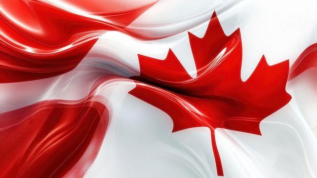 Waving Canadian flag displaying vibrant red and white colors with a prominent maple leaf design fluttering in the wind against a clear sky backdrop