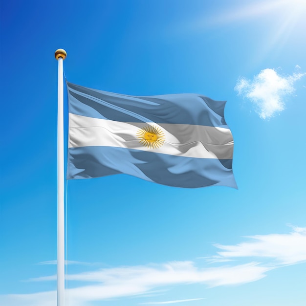 Waving flag of Argentina on flagpole with sky background