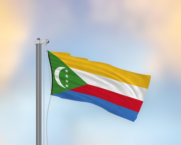 Waving flag of Comoros on a flagpole