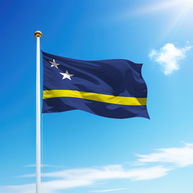 Waving flag of Curacao on flagpole with sky background