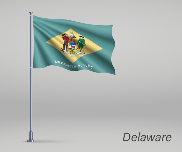 Waving flag of Delaware state of United States on flagpole Template for independence day poster design