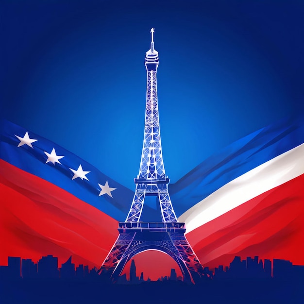 Waving flag of France on bright sunny day high in the blue sky with clouds and sun background as a symbol of freedom and independence day or Bastille Day on July 14