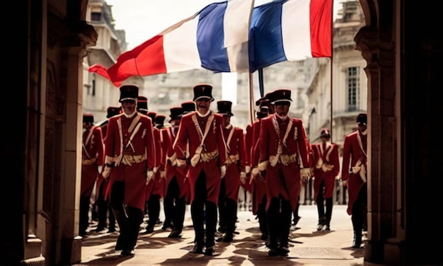 Waving flag of France on bright sunny day high in the blue sky with clouds and sun background as a symbol of freedom and independence day or Bastille Day on July 14