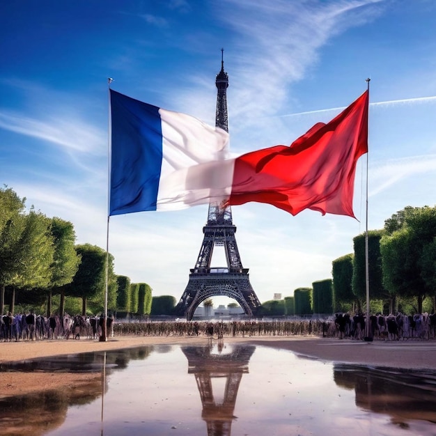 Waving flag of France on bright sunny day high in the blue sky with clouds and sun background as a symbol of freedom and independence day or Bastille Day on July 14