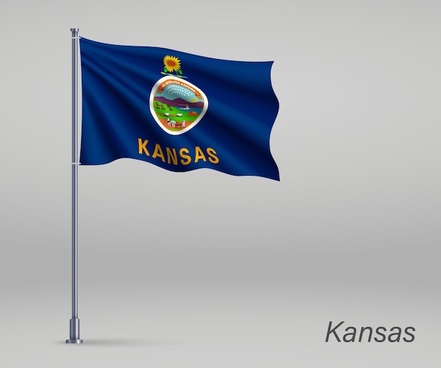 Waving flag of Kansas state of United States on flagpole Template for independence day poster design