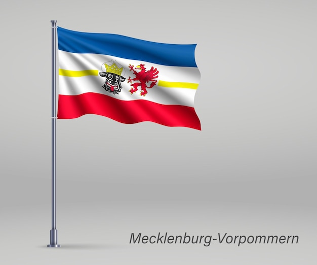 Waving flag of MecklenburgVorpommern state of Germany on flagpole Template for independence day poster design