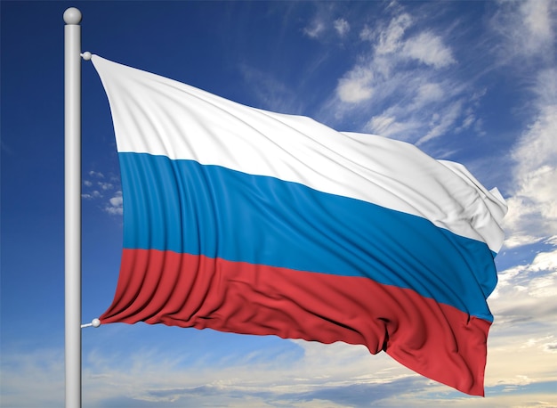 Waving flag of Russia on flagpole on blue sky background