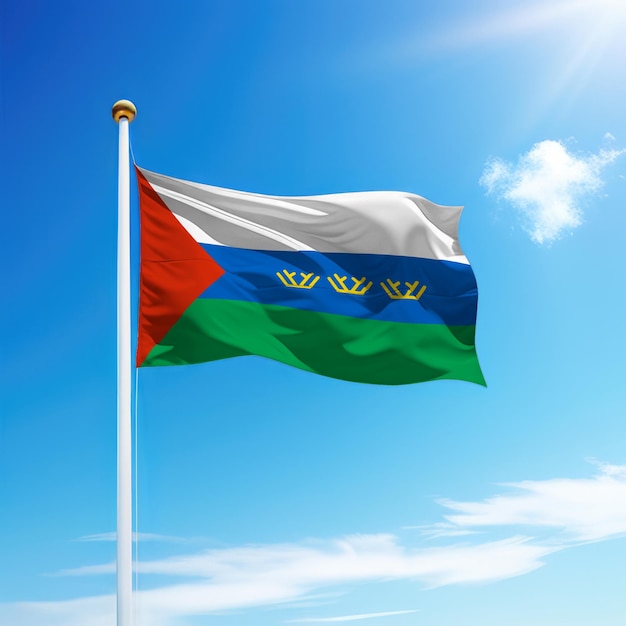 Waving flag of Tyumen is a region of Russia on flagpole