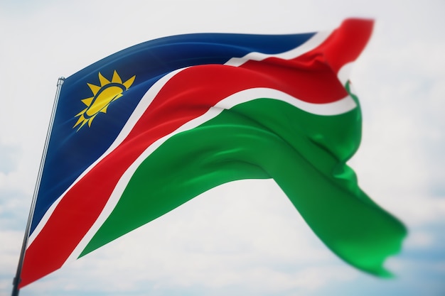 Waving flags of the world - flag of Namibia. Shot with a shallow depth of field, selective focus. 3D illustration.