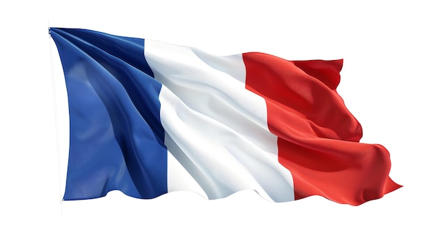 A waving French flag featuring blue white and red vertical stripes