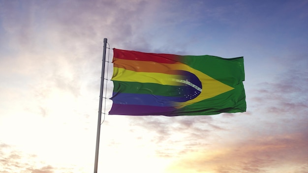 Waving national flag of Brazil and LGBT rainbow flag background