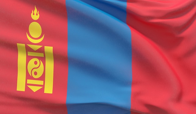 Waving national flag of Mongolia. Waved highly detailed close-up 3D render.