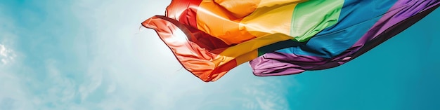 Photo waving rainbow pride flag against blue sky with sun rays panoramic image