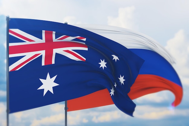 Waving russian flag and flag of australia closeup view d illustration