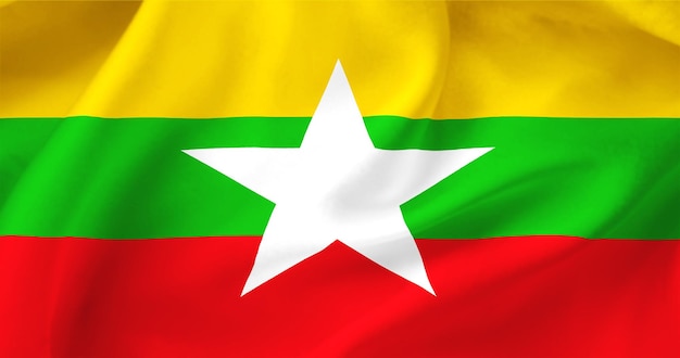 Wavy flag of Myanmar Flag of a free country The flag flutters in the wind Textiles satin