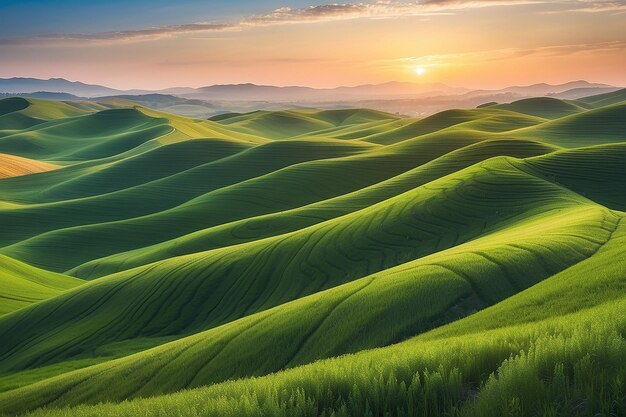 Wavy green fields Striped rolling sunny hills at sunset