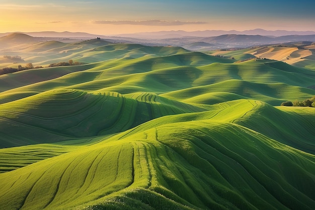 Wavy green fields Striped rolling sunny hills at sunset