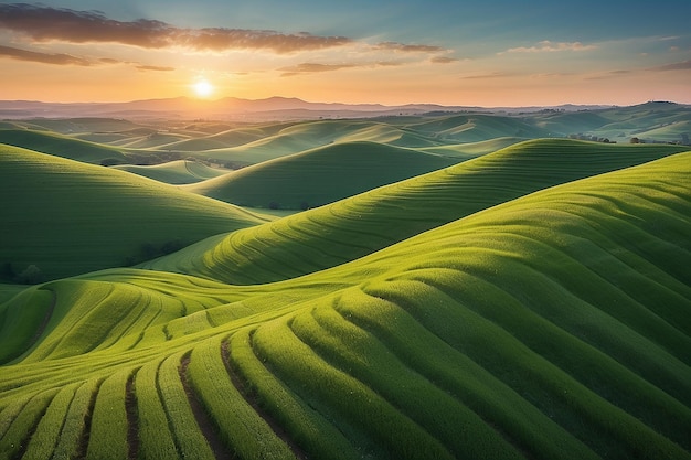 Wavy green fields Striped rolling sunny hills at sunset