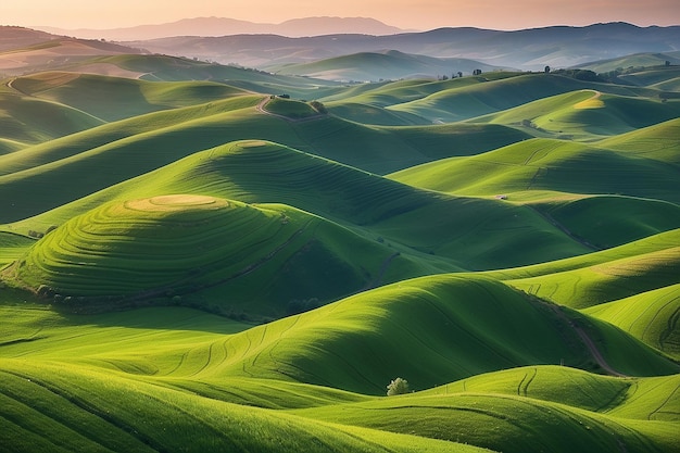 Wavy green fields Striped rolling sunny hills at sunset