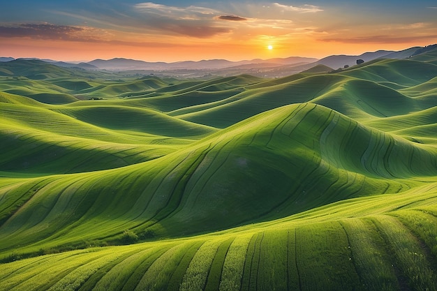 Wavy green fields Striped rolling sunny hills at sunset