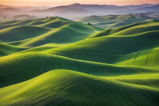 Wavy green fields Striped rolling sunny hills at sunset