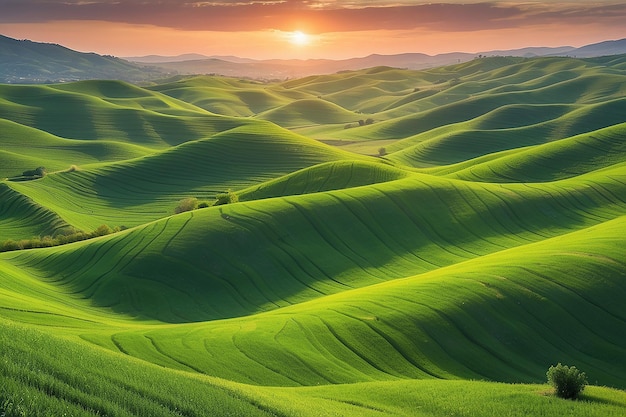 Wavy green fields Striped rolling sunny hills at sunset