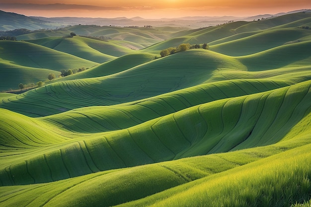 Wavy green fields Striped rolling sunny hills at sunset