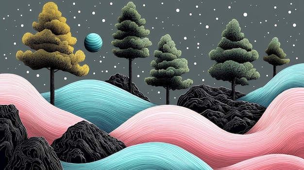 Wavy Landscape with Pine Trees and a Blue Orb