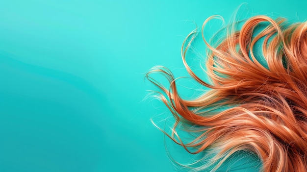 Wavy red hair on turquoise background vibrant color contrast