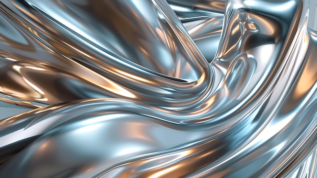 Wavy silver metallic surface with golden highlights Abstract background 3D rendering