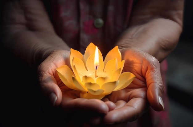 Wax candle lotus flower Nature candle flame fire in dark Generate Ai