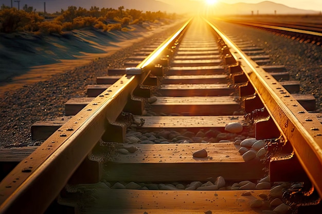 Way home rails in perspective of sunny panorama railways extending into distance