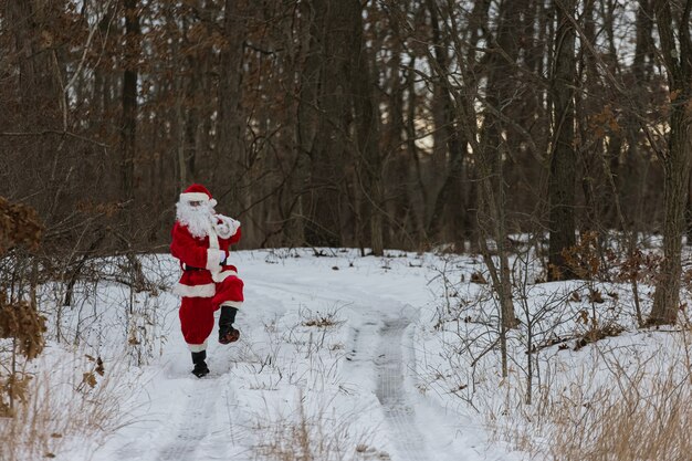 On the way Santa Claus carries Christmas presents in the winter forest around white snow